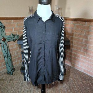 Ann Taylor LOFT Button Top - Black Front - Black and White Striped Back - Size L